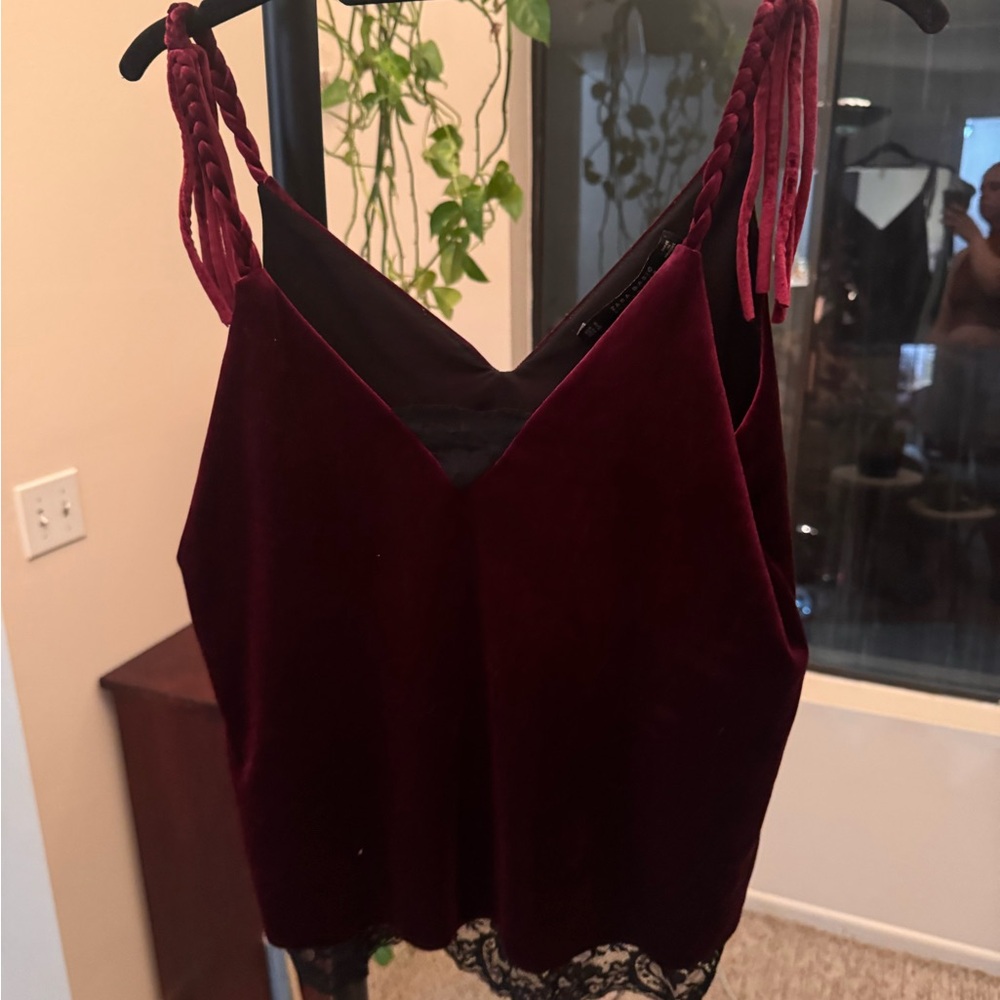 Zara Velvet Burgundy Camisole with Lace Trim and tassels